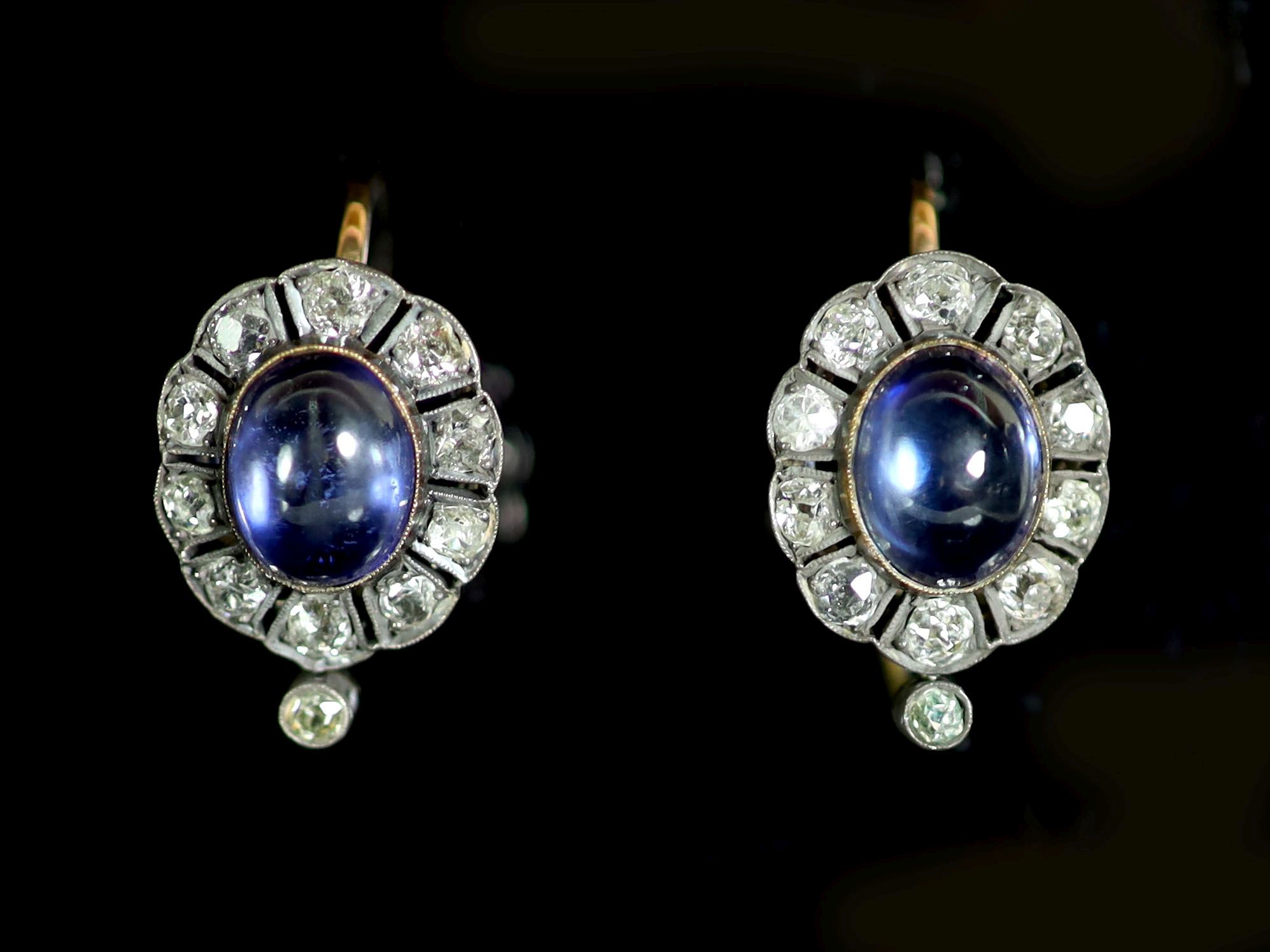 A pair of 19th century gold and silver, cabochon sapphire? and diamond set oval cluster earrings